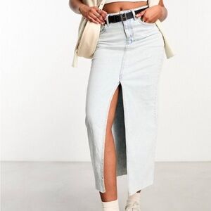 Stradivarius denim midi skirt with front split in light blue wash